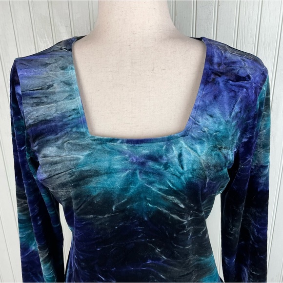 Vintage 90s Y2K Fashion Bug Crushed Velvet Square Neck Top Size Small Blue Green - Picture 4 of 11